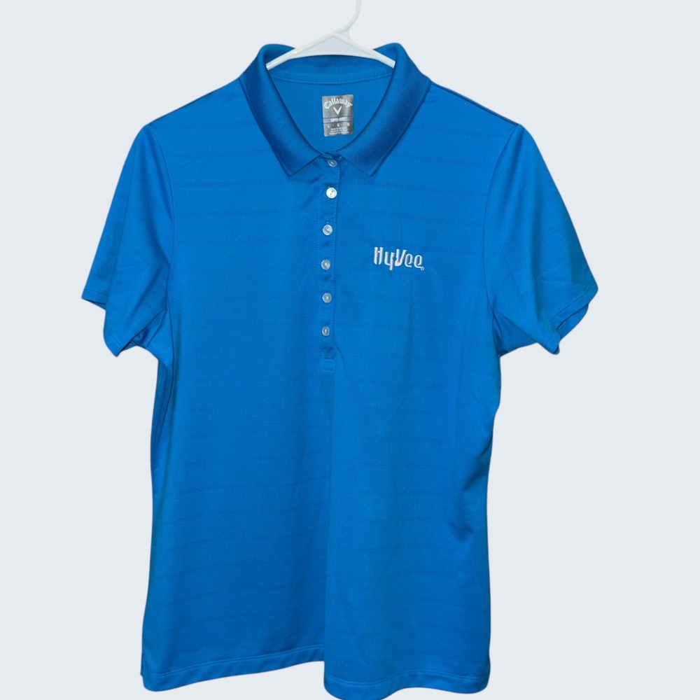 Callaway Opti-Dri Mens Blue Striped Polo Shirt Hy-Vee Logo Large Short Sleeve